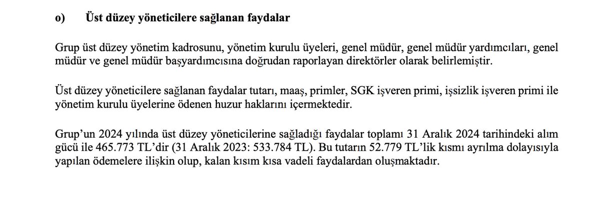 Druars's tweet photo. Üst düzey yöneticilere sağlanan faydalar, bilanço İLİŞKİLİ TARAF AÇIKLAMALARI kısmında yer alıyor. Genelde yönetim kurulu üyeleri, CEO, CFO, Genel müdür ve genel müdüre raporlayan direktörlerden (Pazarlama Direktörü, İnsan kaynakları Direktörü gibi) oluşur. Bazı şirketler kimlerin bu kapsama girdiğini, giren kişi sayısını bilançoda ve/veya web sitelerinde (örnek https://t.co/2LIHjeCnx4) açıklar. Aşağıda bu tanıma uyanları açıklamış şirketleri yazdım. Bir tanesi sadece yönetim kurulu üyelerini üst düzey yönetici kabul etmiş, bazıları bu kapsama genel müdürü ve direktörleri sokmuş. Kesin bilgi için şirketin yatırımcı ilişkilerine sormak en doğrusudur. Selam ve Saygılarımla