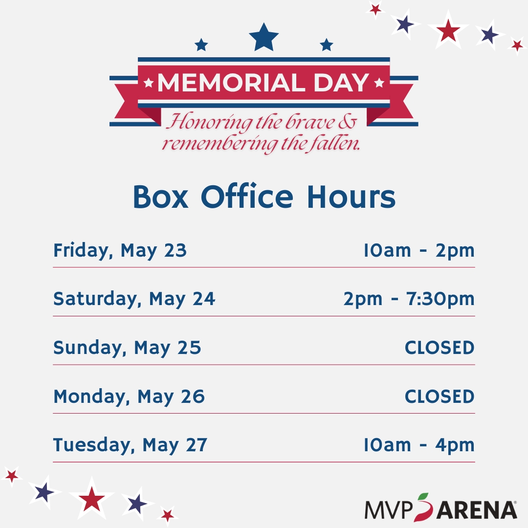 Memorial Day Weekend Box Office Hours 🕐 In observance of Memorial Day, our Box Office will have adjusted hours today and will be closed on Monday. Go to mvparena.com/box-office for more information. Have a good weekend!