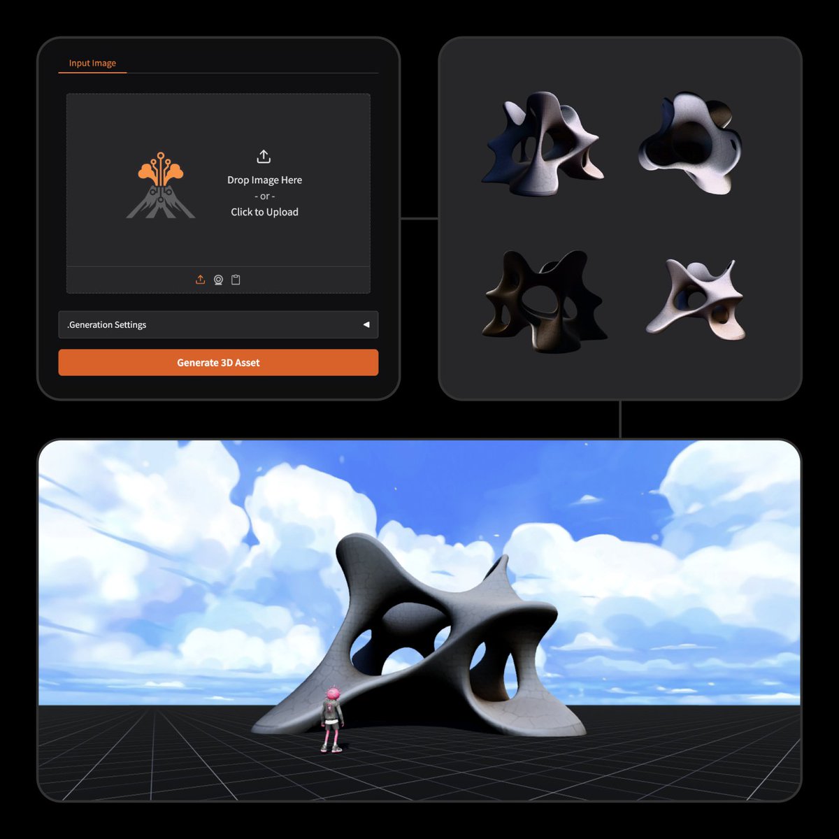 Behind the scenes we've been collaborating with <a href="/comput3ai/">Comput3 AI 🌋</a> to add support for 3D model generation using TRELLIS. 

This lays a powerful and open foundation for both humans and agents to prompt their own virtual museums and build immersive new worlds in <a href="/hyperfy_io/">Hyperfy</a> 🔜 🌋 ⚡️ 🏛️