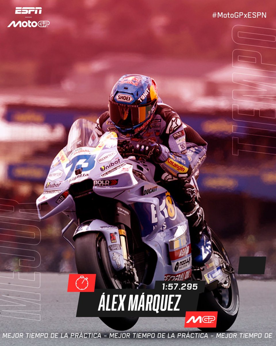 MotoGP_ESPN's tweet image. ¡ÁLEX #MÁRQUEZ VUELA EN #SILVERSTONE! 🤩

El piloto del #Gresini hizo una vuelta de 1:57.295 y superó sobre el final de la práctica a Fabio #Quartararo por 47 milésimas.