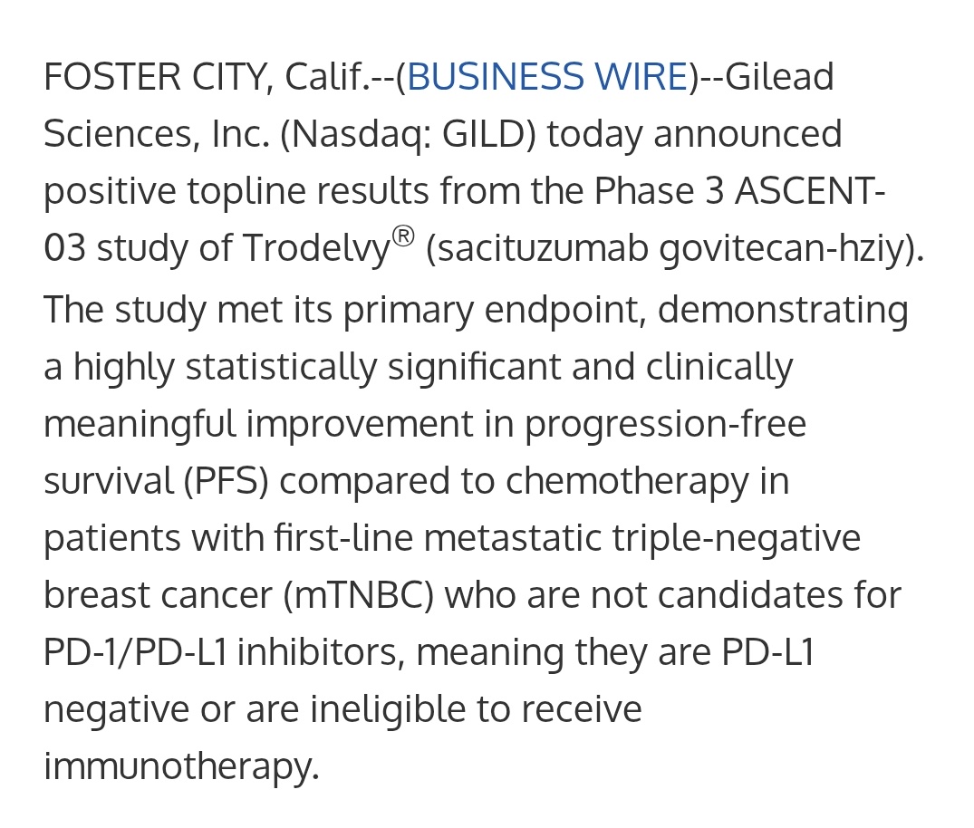 📢  ASCENT-03 delivers for Trodelvy in 1L mTNBC!
❤ Trodelvy (sacituzumab govitecan) shows a statistically significant &amp; clinically meaningful PFS benefit vs chemo
❌ In a tough group: PD-L1–negative or IO-ineligible mTNBC
🧬 First ADC to potentially become 1L backbone for