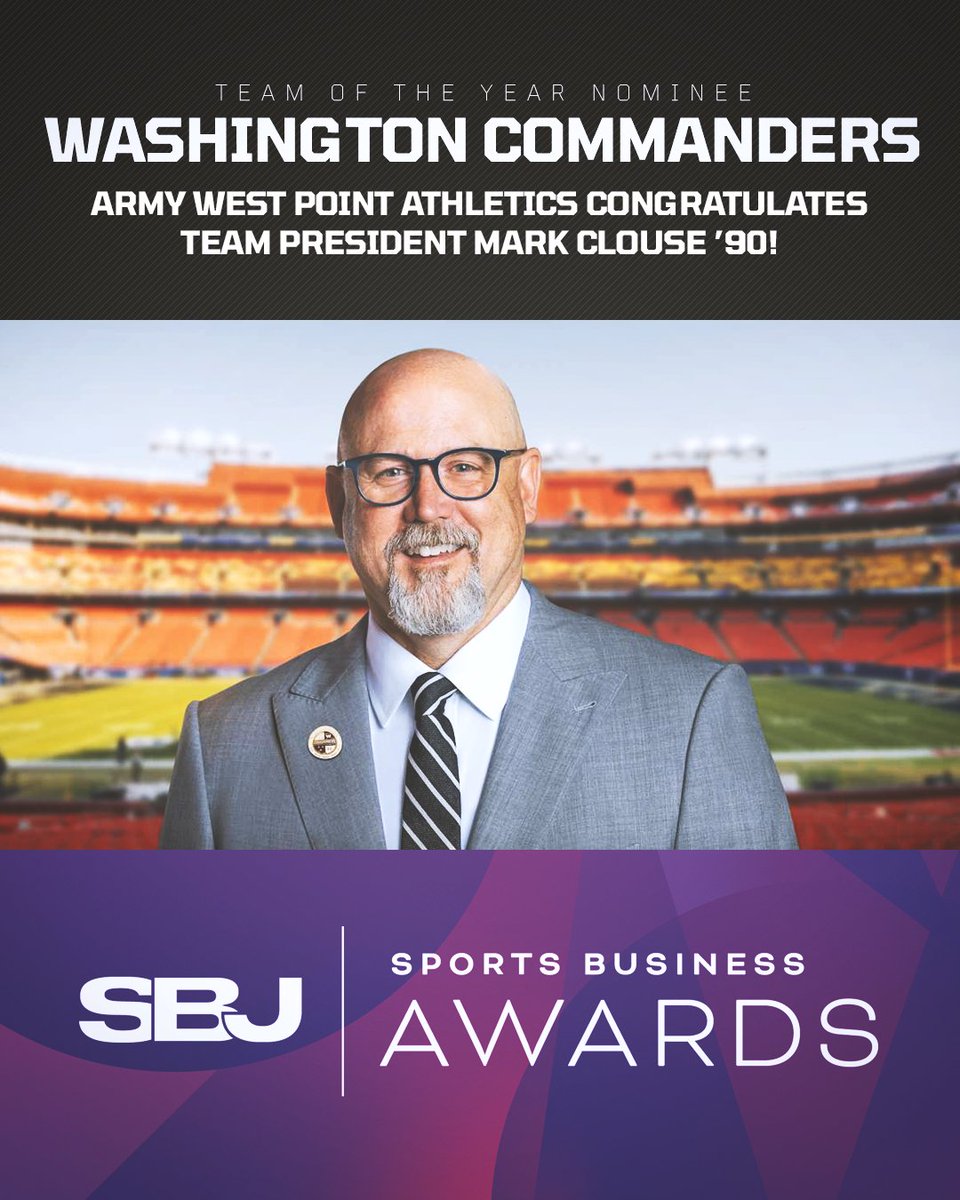 ArmyWestPoint Sports (@goarmywestpoint) on Twitter photo Army West Point Athletics congratulates Mark Clouse (USMA, 1990) and the <a href="/Commanders/">Washington Commanders</a> on being a Team of the Year nominee at this year's <a href="/SBJ/">Sports Business Journal</a> Sports Business Awards 👏👏👏 Army West Point Athletics congratulates Mark Clouse (USMA, 1990) and the <a href="/Commanders/">Washington Commanders</a> on being a Team of the Year nominee at this year's <a href="/SBJ/">Sports Business Journal</a> Sports Business Awards 👏👏👏