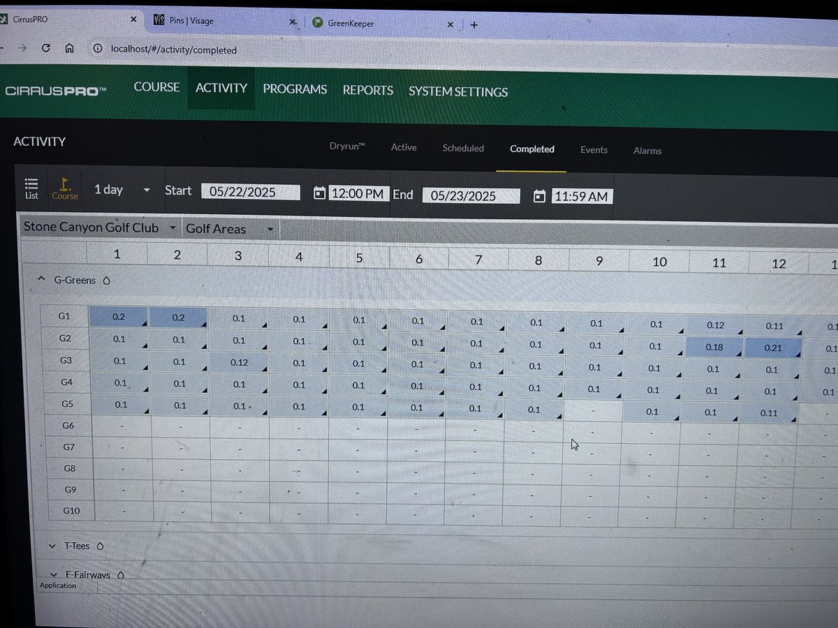 First time in my career we are able to irrigate by application rate rather than minutes. Runtimes vary from 4-6 minutes to accomplish a total of .1” last night. We will now base irrigation needs on ET to accomplish the moisture we desire from day to day!