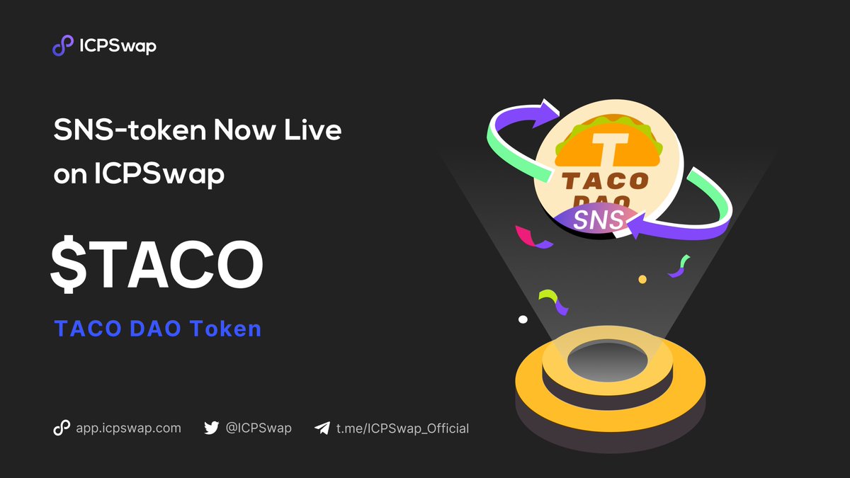 ICPSwap #DFINITY (@icpswap) on Twitter photo Hey, guys! ๐โโ๏ธ
Big congratulations on the successful creation of the TACO SNS DAO! ๐ <a href="/tacodaoicp/">tacodao ๐ฎ</a> <a href="/tacojak/">Tacojak</a>
The $TACO token is now available on #ICPSwap!
In approximately 4โ6 hours, once the TACO DAO SNS Swap is completed and tokens are distributed, youโll be able to start Hey, guys! ๐โโ๏ธ
Big congratulations on the successful creation of the TACO SNS DAO! ๐ <a href="/tacodaoicp/">tacodao ๐ฎ</a> <a href="/tacojak/">Tacojak</a>
The $TACO token is now available on #ICPSwap!
In approximately 4โ6 hours, once the TACO DAO SNS Swap is completed and tokens are distributed, youโll be able to start