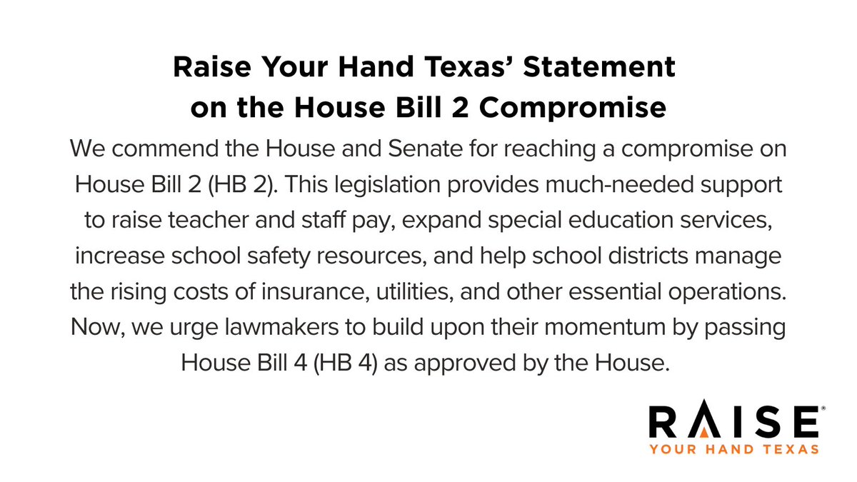 RYHTexas's tweet photo. We commend the House and Senate for reaching a compromise on House Bill 2 (HB 2). This legislation provides much-needed support to raise teacher and staff pay, expand special education services, increase school safety resources, and help school districts manage the rising costs of insurance, utilities, and other essential operations. Now, we urge lawmakers to build upon their momentum by passing House Bill 4 (HB 4) as approved by the House. 

Read our full statement here: https://t.co/cPz8O4IitJ

#HB2 #HB4 #TxEd #TxLege #89thLege