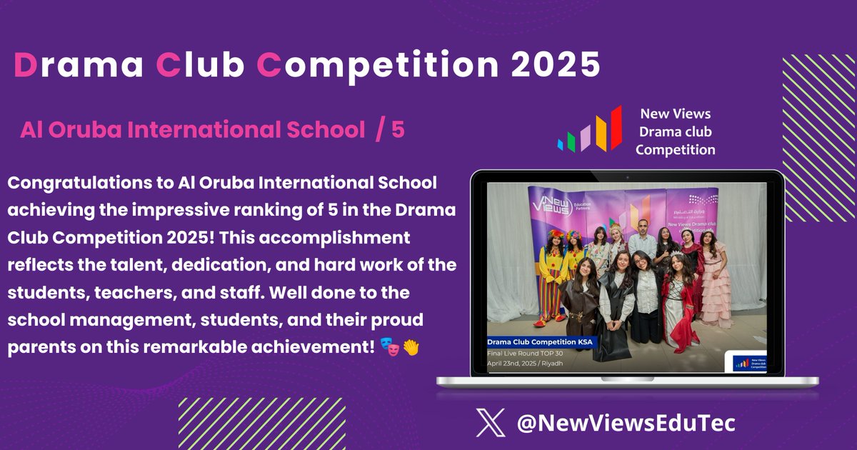 NewViewsEduTec's tweet photo. Congratulations to Al Oruba International School 🥳
#Drama_Club_Competition
#Learning_First
#Top_30 https://t.co/zViBNc9xIg