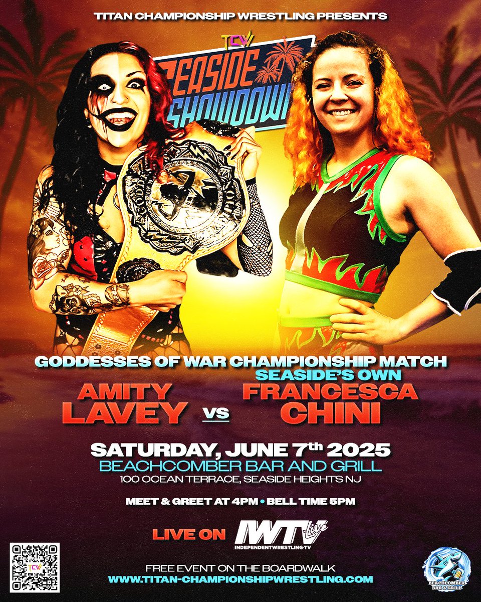 TiTan Championship Wrestling Entertainment (@titanchampions1) on Twitter photo Match Announcement::
Goddesses of War Championship
Goddess Champion <a href="/AmityLaVey666/">𐕣 𝔸𝕞𝕚𝕥𝕪 𝕃𝕒𝕍𝕖𝕪 𐕣</a> vs Seaside Heights own <a href="/FrancescaChini/">Francesca Chini</a>
------------------------------
6/7/25 - Beachcomber Bar & Grill
Doors 4pm - Bell 5pm
titan-championshipwrestling.com
Live on <a href="/indiewrestling/">IWTV</a>
#tcwseaside3 Match Announcement::
Goddesses of War Championship
Goddess Champion <a href="/AmityLaVey666/">𐕣 𝔸𝕞𝕚𝕥𝕪 𝕃𝕒𝕍𝕖𝕪 𐕣</a> vs Seaside Heights own <a href="/FrancescaChini/">Francesca Chini</a>
------------------------------
6/7/25 - Beachcomber Bar & Grill
Doors 4pm - Bell 5pm
titan-championshipwrestling.com
Live on <a href="/indiewrestling/">IWTV</a>
#tcwseaside3