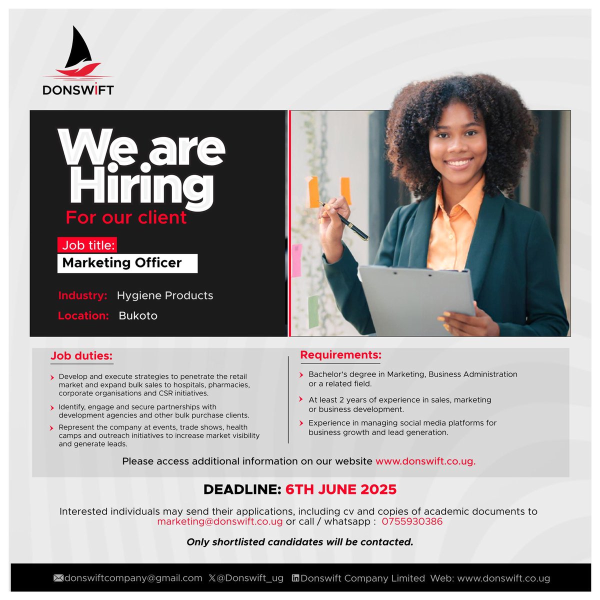 Donswift Company Ltd (@donswift_ug) on Twitter photo Hiring,
Are you ready to a Shape strategy, lead outreach & own our digital game?
Apply Now : marketing@donswift.co.ug
Deadline: 6th June,2025
For more info:donswift.co.ug/jobs/we-are-hi…
#MarketingCareers #BukotoJobs #HygieneIndustry Hiring,
Are you ready to a Shape strategy, lead outreach & own our digital game?
Apply Now : marketing@donswift.co.ug
Deadline: 6th June,2025
For more info:donswift.co.ug/jobs/we-are-hi…
#MarketingCareers #BukotoJobs #HygieneIndustry
