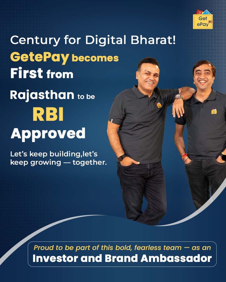Big congratulations to Team GetePay
for receiving final RBI approval as a Payment Aggregator —
and becoming the first company from Rajasthan to achieve this milestone!

A proud moment for GetePay.
A bold leap forward for Digital Bharat. 🇮🇳

#RBIApproved #GetePay #PravinSharma