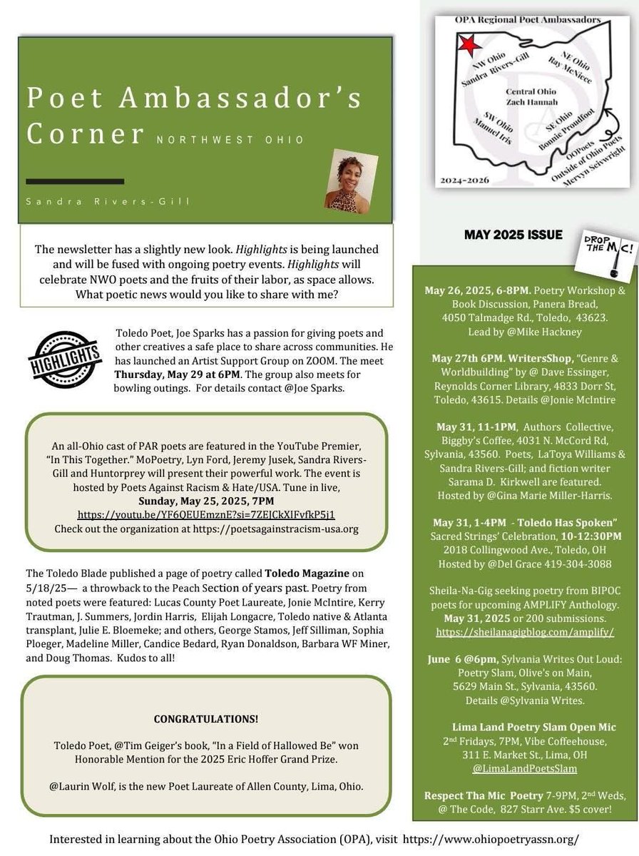 OhioPoetry's tweet image. Some great poetry things happening in Northwest Ohio!
Check out the latest newsletter from OPA Ambassador Sandra Gill: