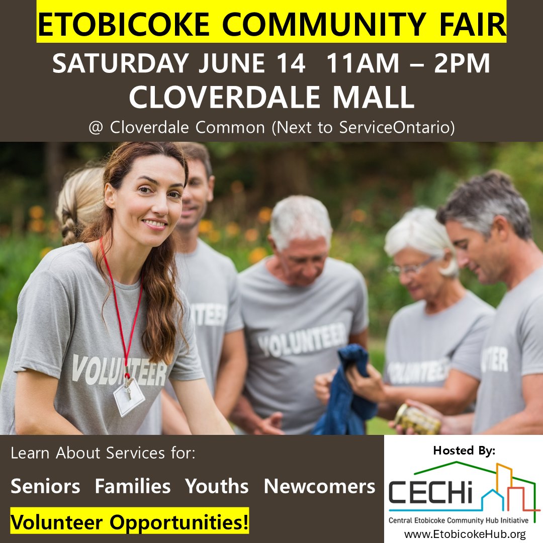 IT'S BACK! Community Services, Activities, and #Volunteer Opportunities for All Ages! Join us at the Etobicoke Community Fair - Saturday June 14, 11AM - 2PM, @ Cloverdale Mall. #CommunityImpact #CommunitySupport #CommunityHelp #CommunityDevelopment #Toronto <a href="/mycloverdale/">Cloverdale</a>