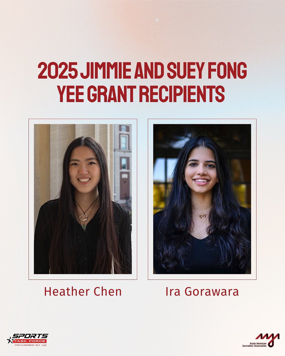 AAJA Sports (@aajasports) on Twitter photo We’re sending <a href="/heatherweixi/">Heather 🇹🇼</a> & <a href="/IraGorawara/">Ira Gorawara</a> to #AAJA25, y’all!! Congrats to this year’s recipients of our Jimmie & Suey Fong Yee Grants✨😎
THANK YOU to NFL super agent & longtime <a href="/aaja/">Asian American Journalists Association est. 1981</a> friend Don Yee for his generosity!!
For more about Heather/Ira ➡️aaja.org/news-and-resou… We’re sending <a href="/heatherweixi/">Heather 🇹🇼</a> & <a href="/IraGorawara/">Ira Gorawara</a> to #AAJA25, y’all!! Congrats to this year’s recipients of our Jimmie & Suey Fong Yee Grants✨😎
THANK YOU to NFL super agent & longtime <a href="/aaja/">Asian American Journalists Association est. 1981</a> friend Don Yee for his generosity!!
For more about Heather/Ira ➡️aaja.org/news-and-resou…