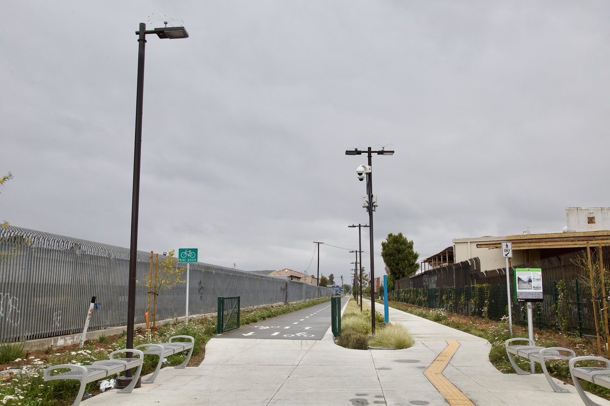 The path runs between 11th Ave (at 67th) in Hyde Park, below, and the Slauson Blue/A Line Station on Long Beach Ave.
