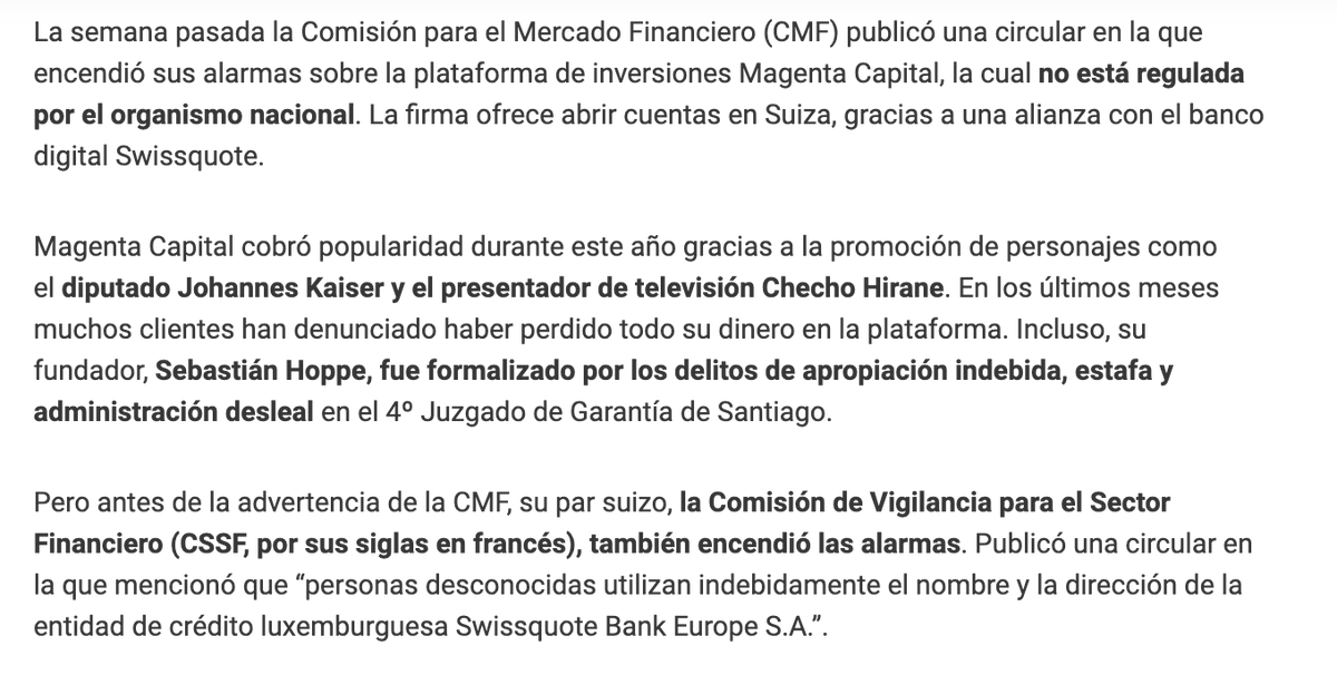 RodolfoCKR (@rodolfockr) on Twitter photo 📢👇 Magenta Capital y Kaiser :
Otro laberinto de Fraude en Chile como #LibraEstafa en Argentina ?
Veamos que se dijo sobre este caso que fue respaldado por <a href="/Jou_Kaiser/">Johannes Kaiser. Diputado por el distrito 10</a> :
t13.cl/noticia/diario… 📢👇 Magenta Capital y Kaiser :
Otro laberinto de Fraude en Chile como #LibraEstafa en Argentina ?
Veamos que se dijo sobre este caso que fue respaldado por <a href="/Jou_Kaiser/">Johannes Kaiser. Diputado por el distrito 10</a> :
t13.cl/noticia/diario…