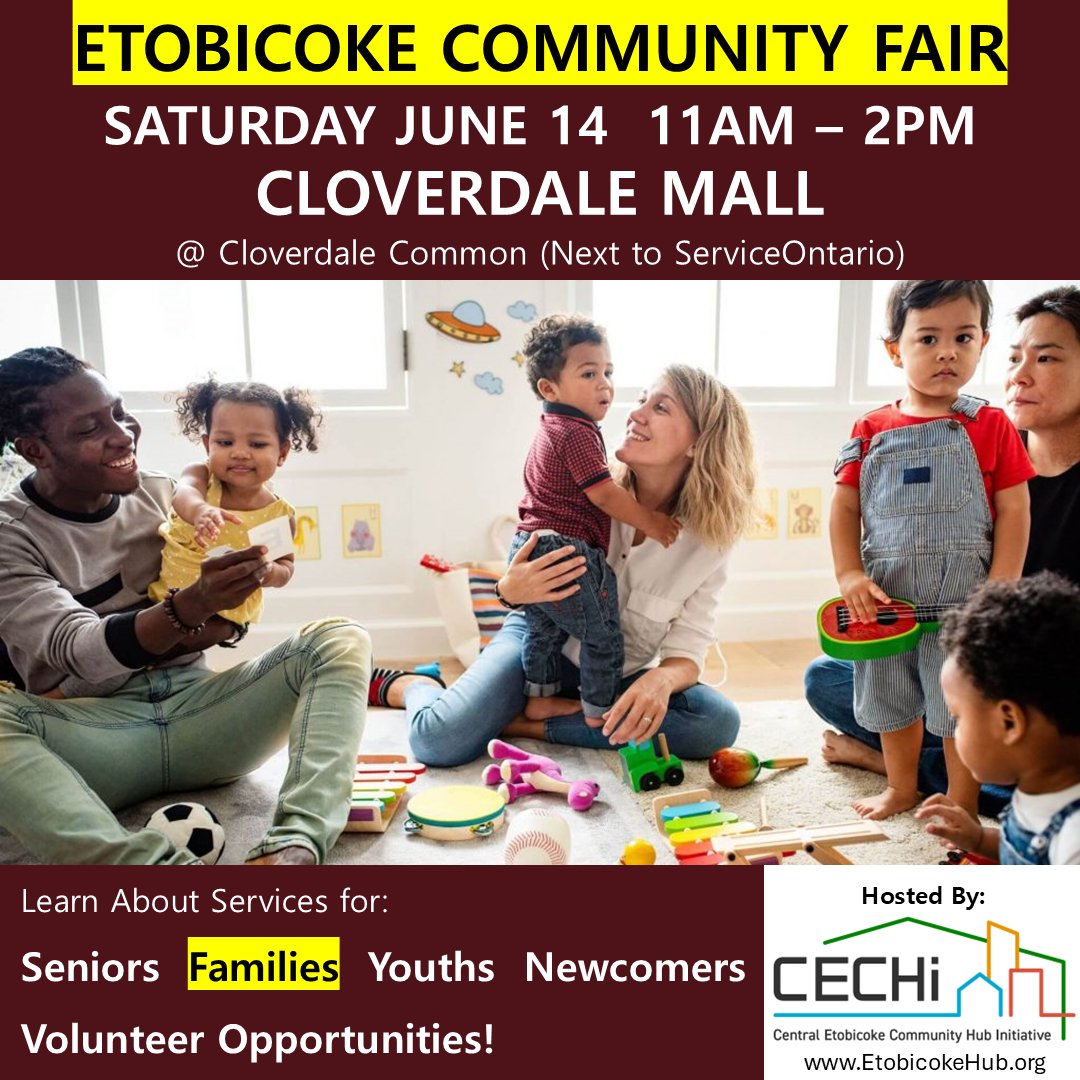 IT'S BACK! Community Services, Activities, and #Volunteer Opportunities for: Families. Join us at the Etobicoke Community Fair - Saturday June 14, 11AM - 2PM, @ Cloverdale Mall. #CommunityImpact #CommunitySupport #CommunityHelp #CommunityDevelopment #Toronto <a href="/mycloverdale/">Cloverdale</a>