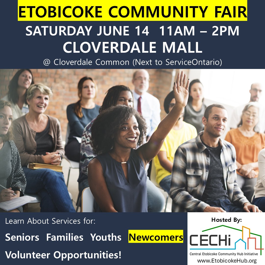 IT'S BACK! Community Services, Activities, and #Volunteer Opportunities for: Newcomers. Join us at the Etobicoke Community Fair - Saturday June 14, 11AM - 2PM, @ Cloverdale Mall. #CommunityImpact #CommunitySupport #CommunityHelp #CommunityDevelopment #Toronto <a href="/mycloverdale/">Cloverdale</a>