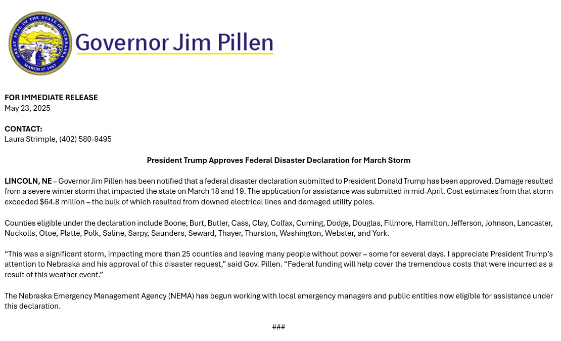 ➡️President Trump has approved a federal disaster declaration for the severe winter storm in Nebraska on March 18 and 19.

NEMA is working with local emergency managers and public entities now eligible for assistance under this declaration.
🔗nema.nebraska.gov/articles.php?n…