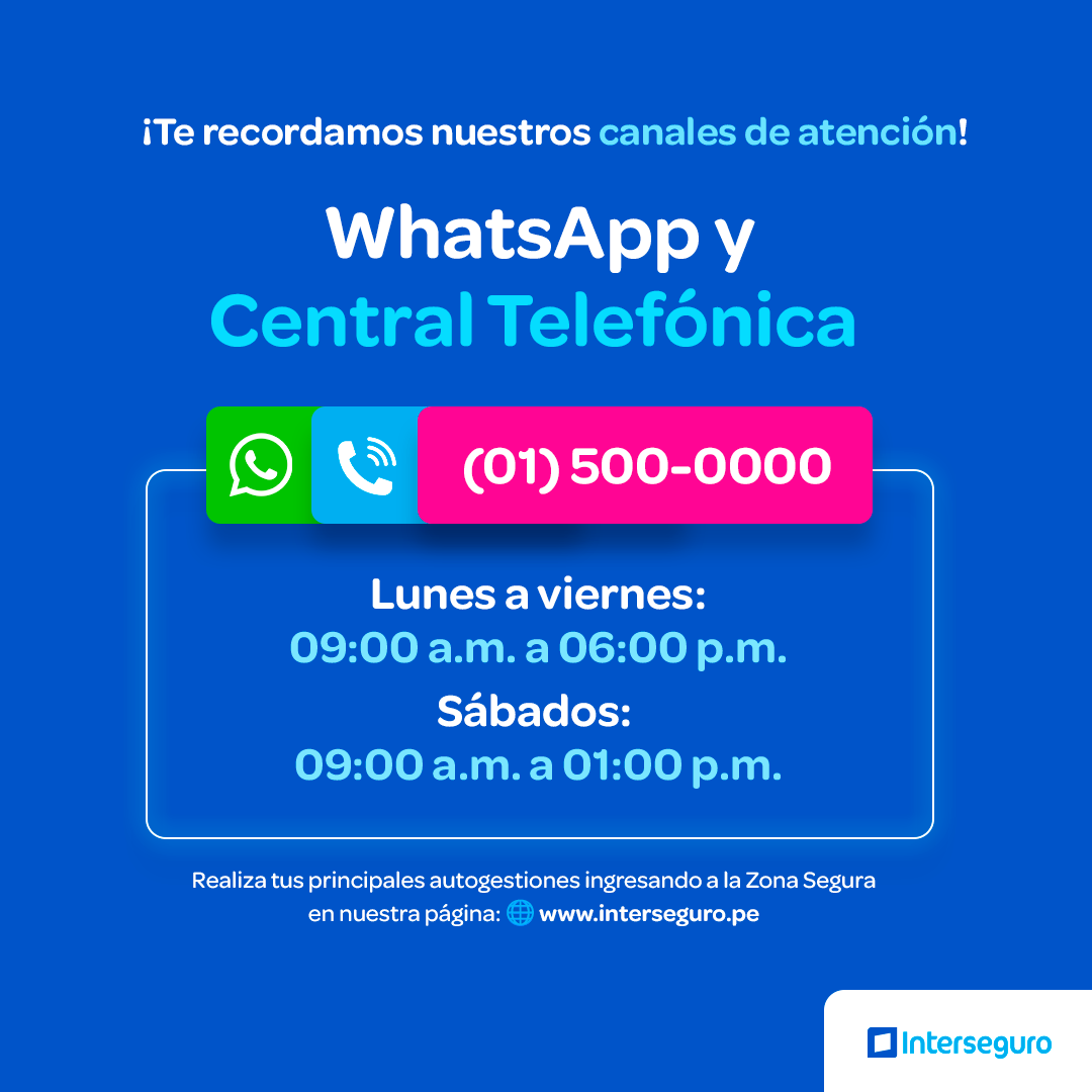 Interseguro_Pe's tweet photo. 📣 Nuevo horario desde el 02/06
📍 Oficina de atención al cliente
🕑 Lun a vie: 09:00 a.m. – 02:00 p.m.
Canales de atención:
📱 WhatsApp y (01) 500-0000
🕘 Lun a vie: 9 a.m. – 6 p.m. | Sáb: 9 a.m. – 1 p.m.
 🔗https://t.co/f3Z0ZMvJtK https://t.co/8CFjVWGtsK