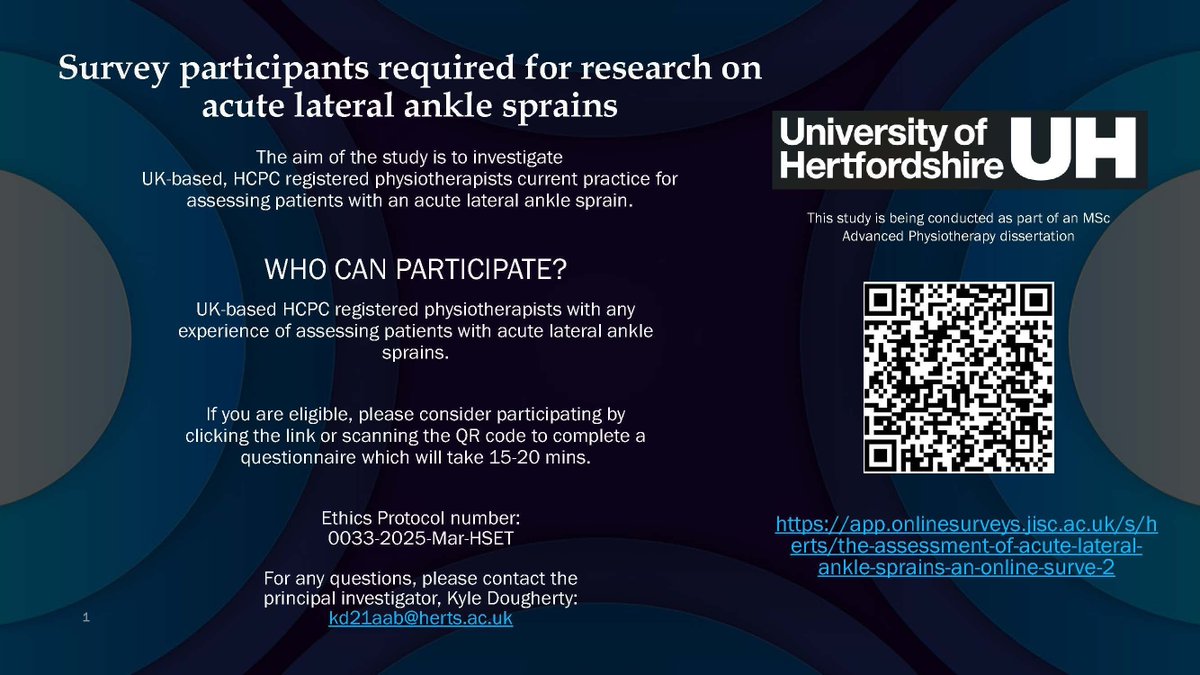 MACP (@physiomacp) on Twitter photo Survey participants required for research on Acute Lateral Ankle Sprains - if you are a UK-based HCPC Physio with relevant experience - we'd appreciate your support for this MSc Research project
app.onlinesurveys.jisc.ac.uk/s/herts/the-asā¦
<a href="/KyleDoughe95153/">Kyle Dougherty</a> @unihertsphysio Survey participants required for research on Acute Lateral Ankle Sprains - if you are a UK-based HCPC Physio with relevant experience - we'd appreciate your support for this MSc Research project
app.onlinesurveys.jisc.ac.uk/s/herts/the-asā¦
<a href="/KyleDoughe95153/">Kyle Dougherty</a> @unihertsphysio