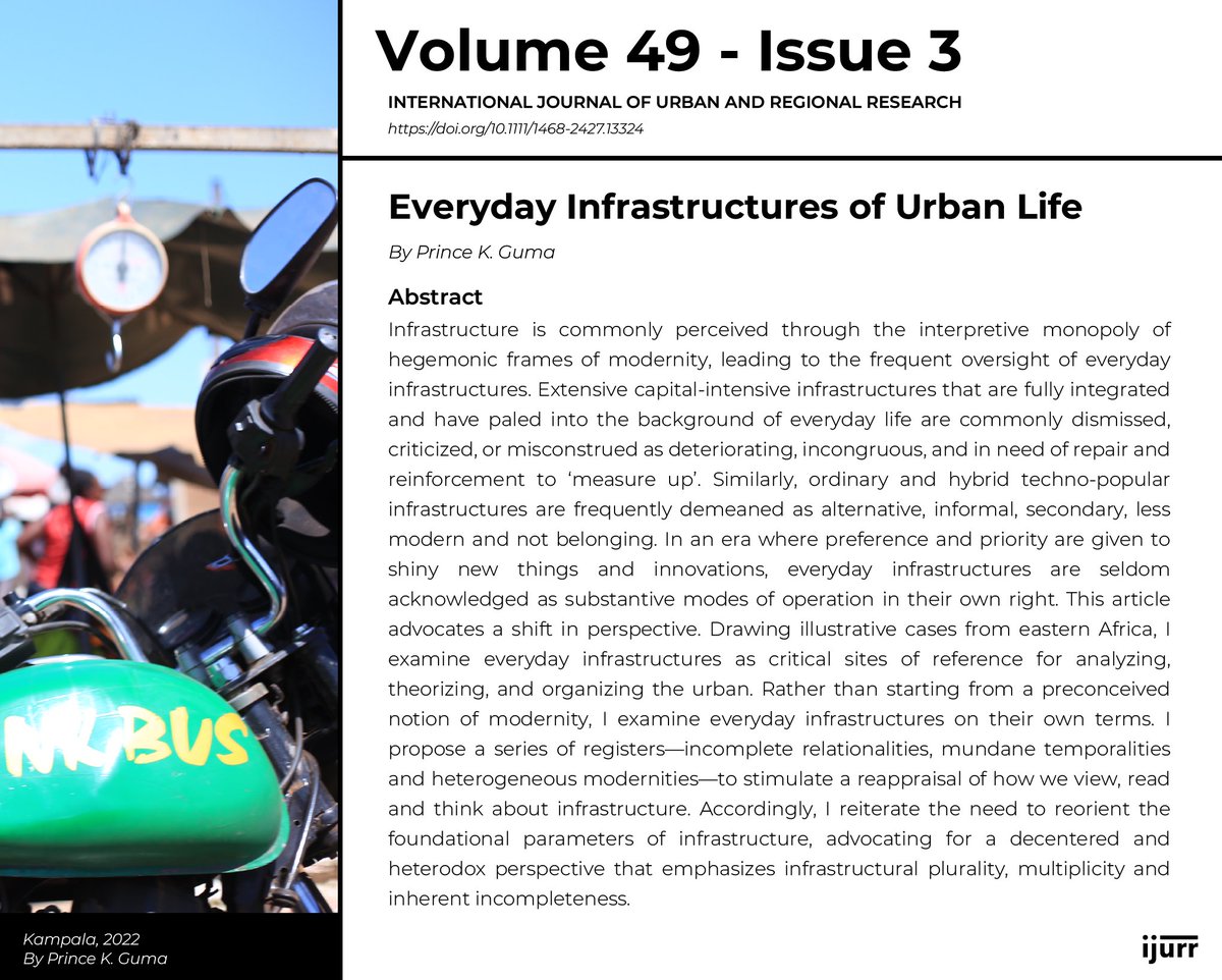 Everyday infrastructures enable, mediate, and shape the architecture of urban living, sustaining routines of dwelling, inhabitation, and survival and forming the norm in daily rhythms for majority populations beyond linear temporalities of urban life.

📖 ijurr.org/article/everyd…