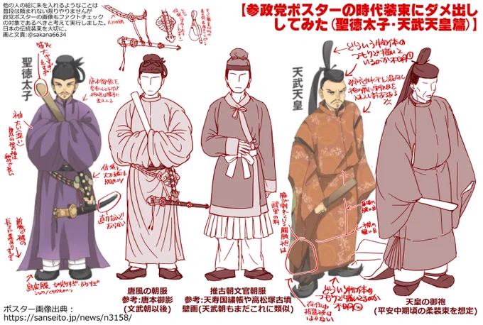 参政党ポスターの時代装束にダメ出ししてみた(聖徳太子・天武天皇)
普段は他人の絵へのダメ出しなどは頼まれない限りやりませんし、勉強の為にやっても公開はしませんが、今回は政党ポスター画像はファクトチェックの対象になるべきと考えて公開します。
パッと見でインチキ臭さが分かって貰えれば。 