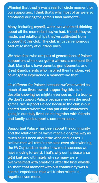 Got asked to sum up what winning the FA Cup meant - tried to do my best to explain why it just means more for Palace: