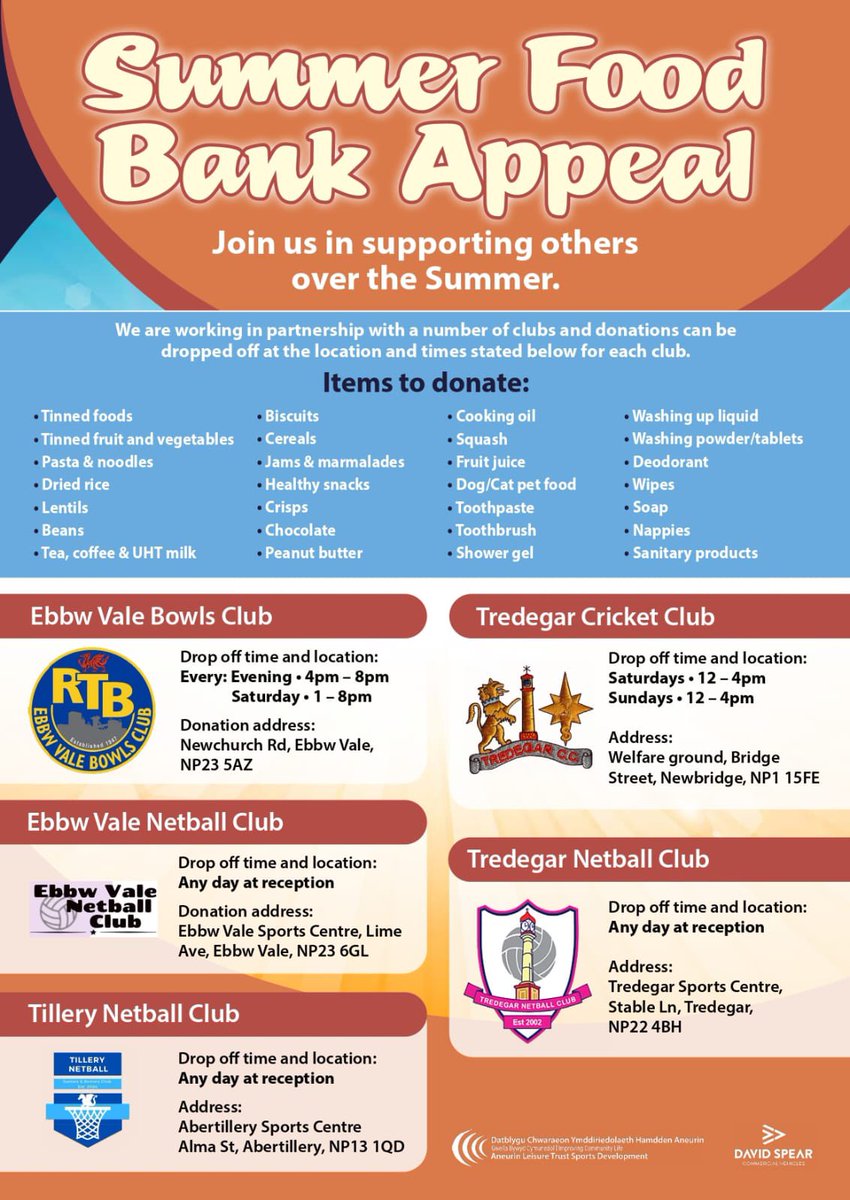 Aneurin Leisure Sports Development (@alsportdev) on Twitter photo First Summer Food Bank Appeal is here! π This summer, we're proud to launch our First Summer Food Bank Appeal with the incredible support of 9 amazing sports clubs & <a href="/DSCommercials/">David Spear Commercial Vehicles</a>! Together, we're uniting to support those who need a little extra help during the warmer months π€ First Summer Food Bank Appeal is here! π This summer, we're proud to launch our First Summer Food Bank Appeal with the incredible support of 9 amazing sports clubs & <a href="/DSCommercials/">David Spear Commercial Vehicles</a>! Together, we're uniting to support those who need a little extra help during the warmer months π€
