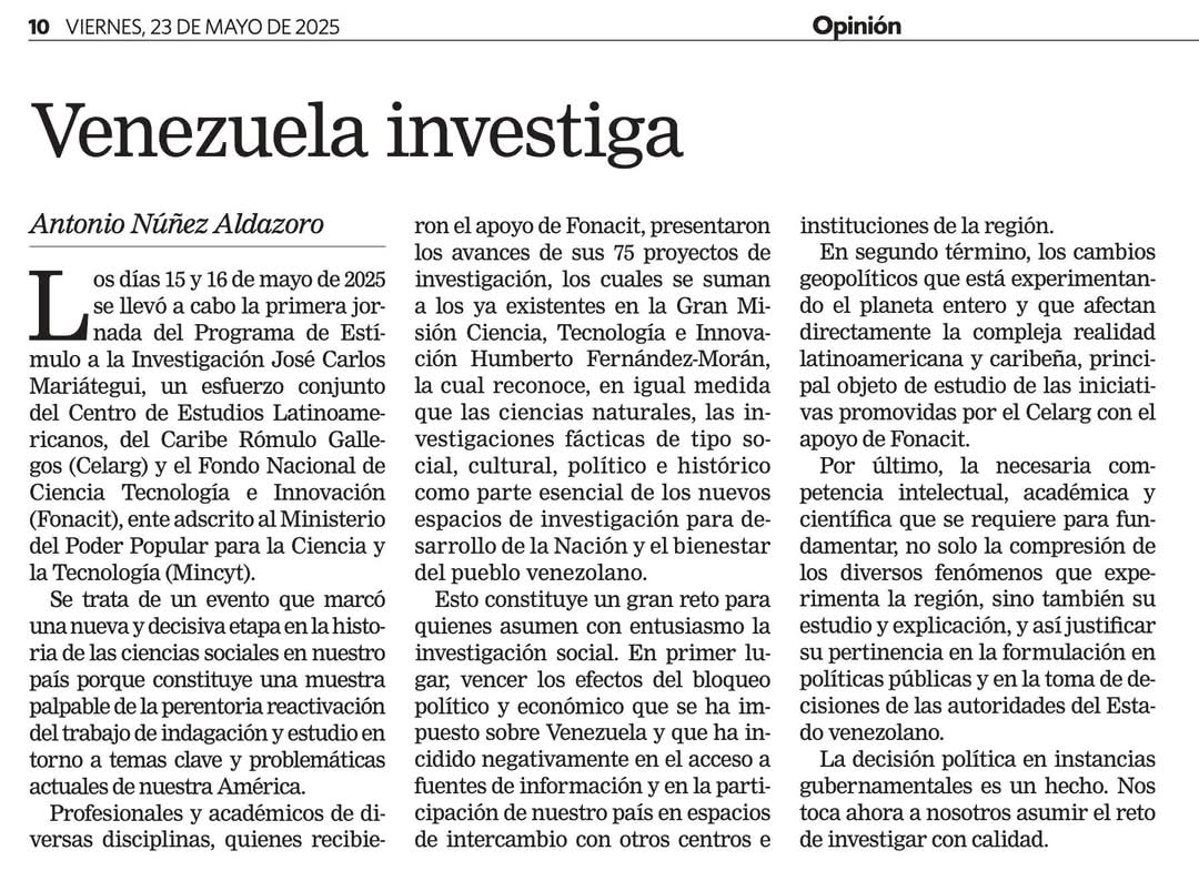 #Hoy #Viernes #23DeMayo reflexiono en mi artículo semanal en <a href="/UNoticias/">Últimas Noticias</a> sobre el reimpulso de la investigación en ciencias sociales gracias a los esfuerzos del Fundación Celarg y el Fonacit... 
Más tarde el link...