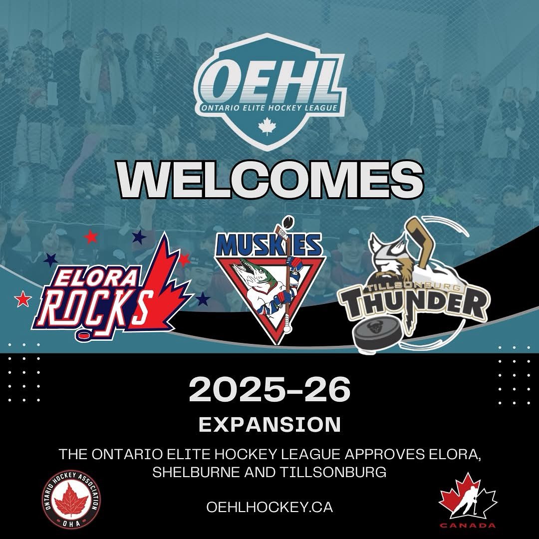 NEWS: The Ontario Hockey Association today approved three OEHL expansion applications for the 2025-26 season.

We are excited to welcome the Elora Rocks, Shelburne Muskies and Tillsonburg Thunder (back) into the fold, so to speak.

oehlhockey.ca/2025/05/23/oeh…