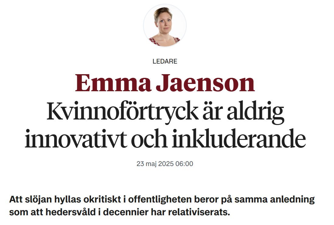 Josefin Utas (@josefinutas) on Twitter photo Med slöjan/hijaben kommer värderingar som inte hör hemma i ett modernt västerländskt samhälle. Frågan är varför allt ifrån TV4 till SVT till myndigheter och företag fortsätter att normalisera den i Sverige, skriver <a href="/emma_jaenson/">Emma Jaenson</a> i SMP. #jämställdhet smp.se/2025-05-23/kvi… Med slöjan/hijaben kommer värderingar som inte hör hemma i ett modernt västerländskt samhälle. Frågan är varför allt ifrån TV4 till SVT till myndigheter och företag fortsätter att normalisera den i Sverige, skriver <a href="/emma_jaenson/">Emma Jaenson</a> i SMP. #jämställdhet smp.se/2025-05-23/kvi…