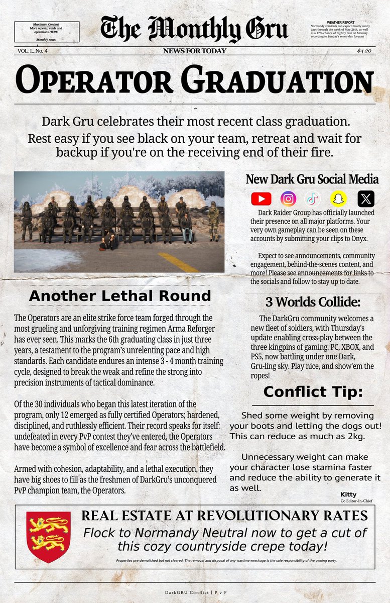 Check out our latest Newsletter by Vive and Kitty Actual! 

This unique project shines light on community news and engages with all in a never-before-seen 4th wall breaking. See it first and reserve your ad in the discord discord.gg/DarkGru 
#ArmaReforger