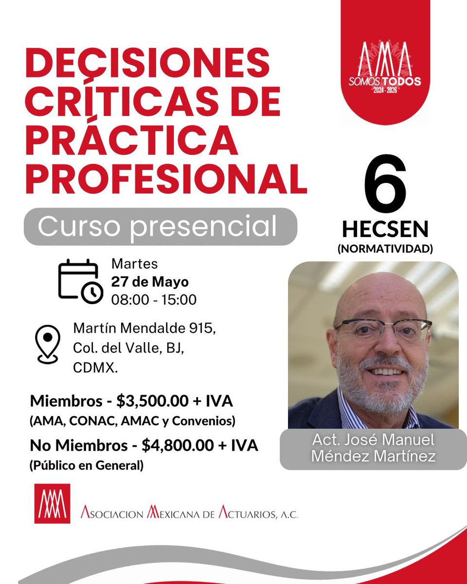 ¡Por segunda ocasión tendremos el curso presencial del Act. José Manuel Méndez!

🗓 27 de mayo | 🕗 08:00-15:00 hrs  
📍 Martín Mendalde 915, CDMX  
🎓 6 HECSE  

¡No te lo pierdas, últimos días para registrarte!  
🔗 forms.gle/c3FoSJjch7yrap…