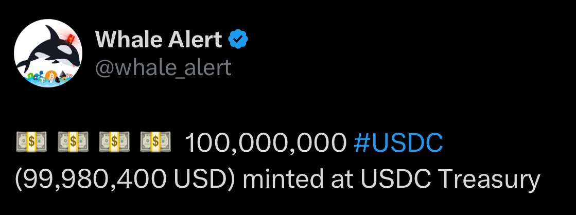 AshCrypto's tweet photo. $100,000,000 USDC JUST MINTED https://t.co/bnlZdPfA9d