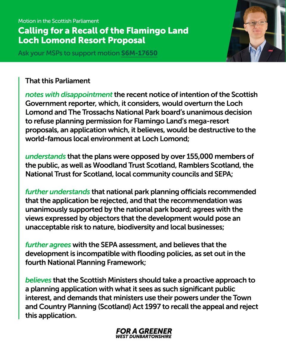 Ask your MSPs to support <a href="/Ross_Greer/">Ross Greer</a>'s motion calling for a recall of the Flamingo Land Loch Lomond Resort proposal