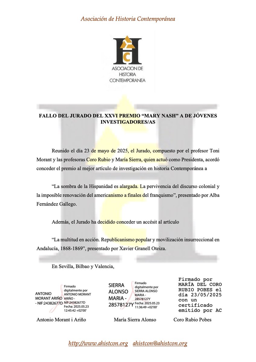 Asociación de Historia Contemporánea (@ahistcon) on Twitter photo Es un placer anunciar que el jurado de la XXVI edición de nuestro Premio "Mary Nash" de jóvenes investigadores/as ha acordado concedérselo a <a href="/Albafergallego/">Alba Fernández Gallego</a>. También ha decidido conceder un accésit a un trabajo de Xavier Granell Oteiza. Enhorabuena! Es un placer anunciar que el jurado de la XXVI edición de nuestro Premio "Mary Nash" de jóvenes investigadores/as ha acordado concedérselo a <a href="/Albafergallego/">Alba Fernández Gallego</a>. También ha decidido conceder un accésit a un trabajo de Xavier Granell Oteiza. Enhorabuena!