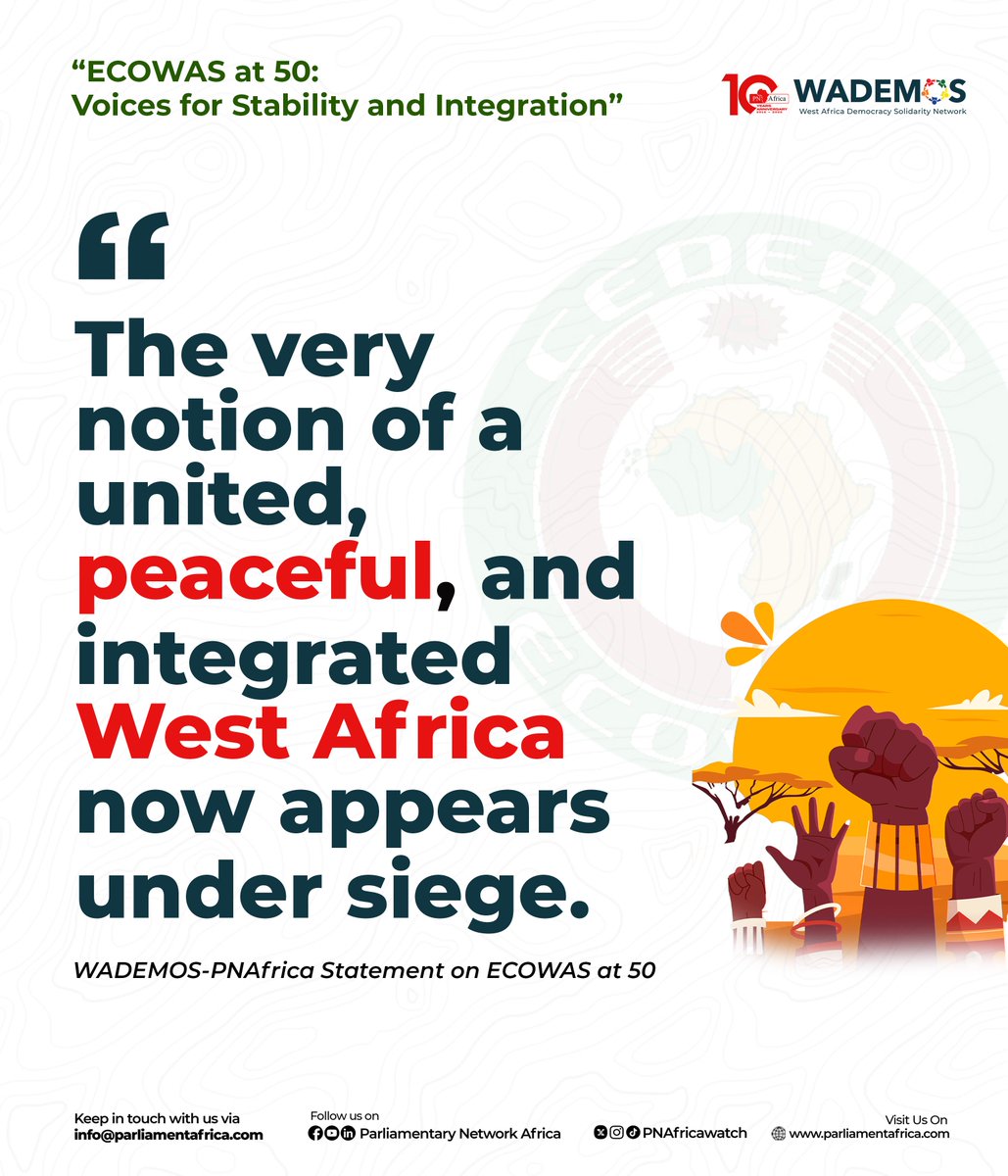 PNAfricawatch's tweet photo. 📢 WADEMOS–PNAfrica Statement on #ECOWASat50
Reaffirming our shared commitment to democratic stability, regional integration, and citizen-led governance in West Africa.
@WADEMOSnetwork
#WADEMOS #PNAfrica #ECOWAS #DemocracyInAction #WestAfricaUnite https://t.co/WkGxXWk239