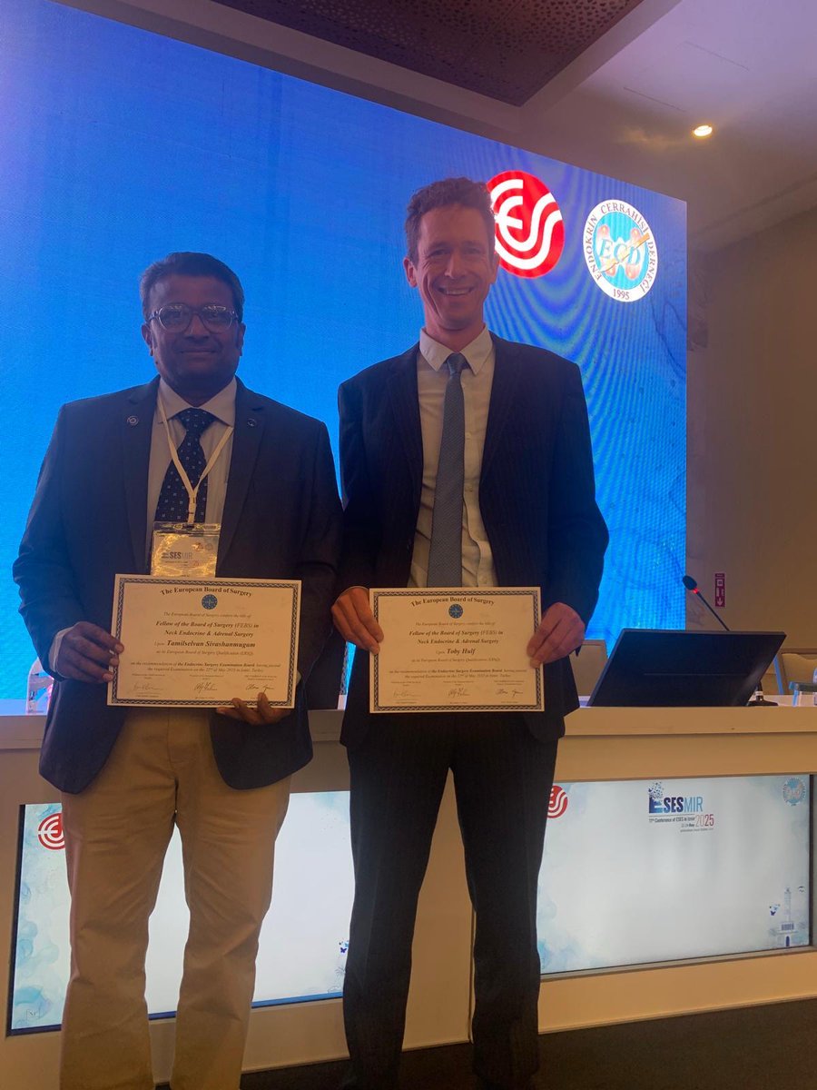 Congratulations to Toby Hulf and Tamilselvan Sivashanmugan from Oxford on passing their European Board of Surgery Exams  and becoming Fellows of Board of Surgery in Neck and Endocrine and Adrenal Surgery. A fantastic achievement and recognition of surgical excellence!