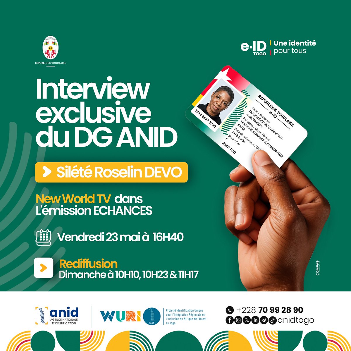 AnidTogo's tweet photo. Le Directeur Général de l’Anid sera dans quelques dans l’émission ECHANCES, sur New World Tv.

Un pas de plus dans la sensibilisation et l’information autour du projet e-ID Togo.

#interview #media #tv #emission #eIDTogo #TgTwittos #Team228 https://t.co/jwXWouTeyC