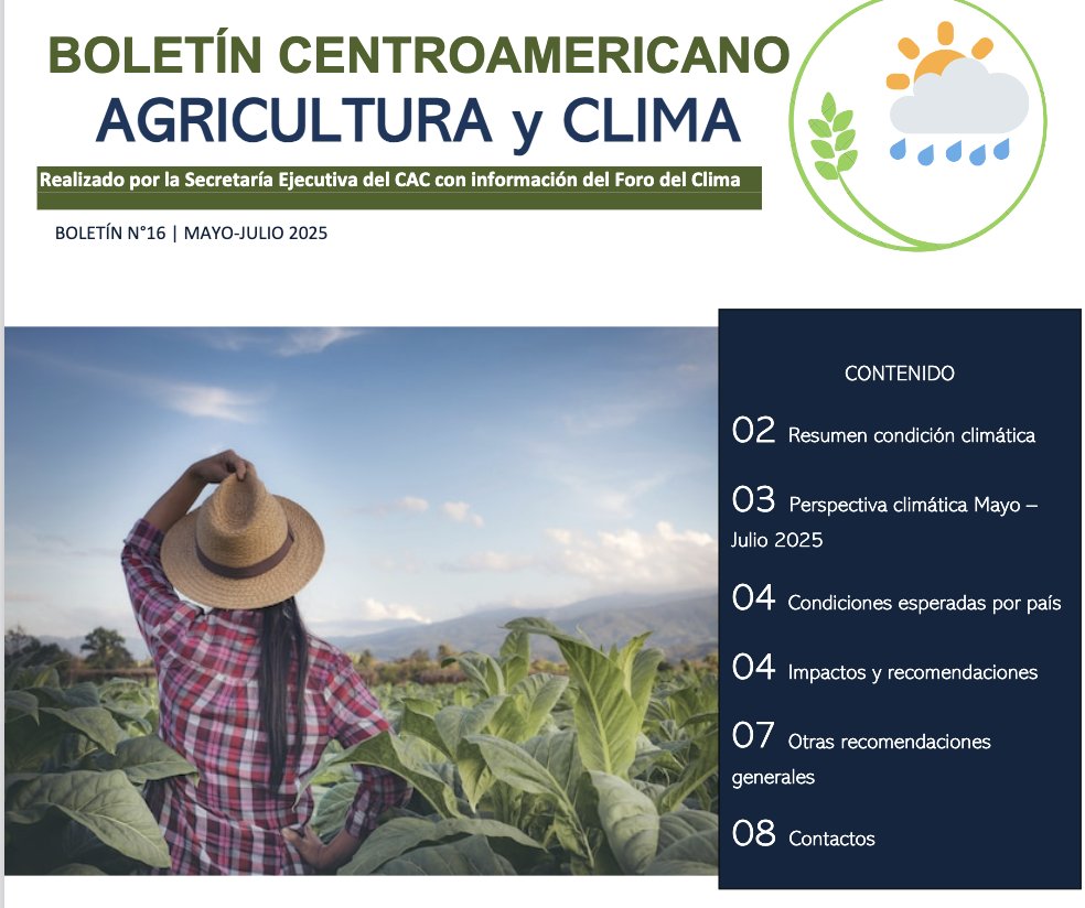 Ya está disponible el nuevo Boletín Clima y Agricultura en la #RegiónSICA. Conoce las perspectivas climáticas para Mayo-Julio 2025, recibe recomendaciones clave para proteger tus cultivos y ganado. ¡Infórmate y prepárate!  

Disponible en: sica.int/documentos/bol…