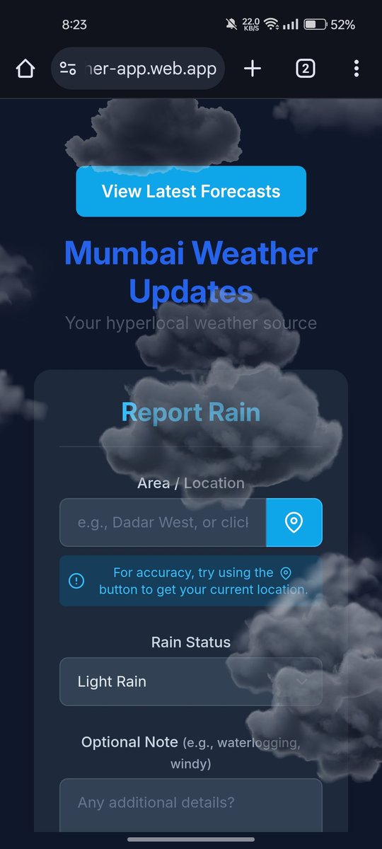 Parth_GPT's tweet photo. Hello #Mumbai

I have made a basic website where you can report localised rain &amp; it will appear on Map &amp; on report list

Multiple reports from same location will be shown as clusters on Map, helping #mumbaikar

Try &amp; give feedback:
https://t.co/KMMiXNrAzM
.
#MumbaiRains https://t.co/XmqThUdwvs
