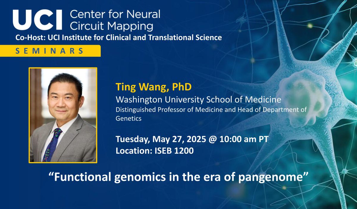UCI_NeurCircuit's tweet image. Excited to announce Ting Wang (Washington University School of Medicine) as our next speaker!
📢“Functional genomics in the era of pangenome"
🗓️May 27 @ 10 AM - 11 AM
📍ISEB 1200
forms.gle/JjLX25hPbnCZsm…