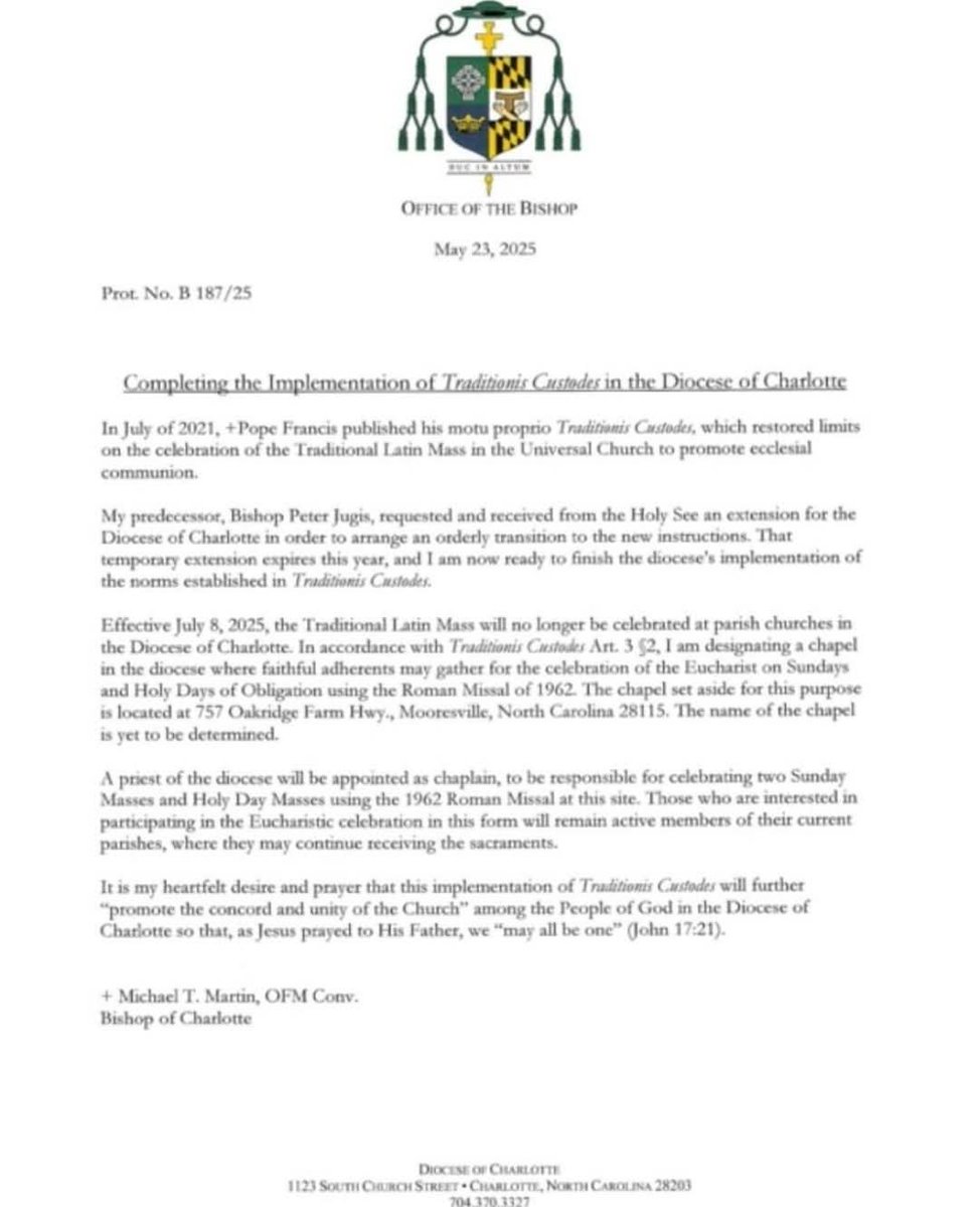 dcrosaryrally's tweet image. What this bishop did to the thriving TLM community in Charlotte is sick and demonic.
Traditionis Custodes is evil. The rescript is evil. This decree from the Bishop of Charlotte is evil
@Pontifex must restore Summorum Pontificum immediately.