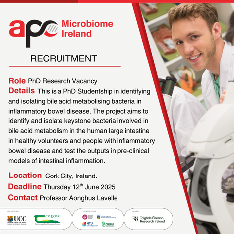 APC Microbiome Ireland (@pharmabiotic) on Twitter photo Interested in a #PhD Studentship at APC labs in <a href="/UCC/">UCC Ireland</a>? We have an opportunity to work with Prof Aonghus Lavelle on a project identifying and isolating bile acid metabolising bacteria in inflammatory bowel disease.
#PhDposition
Full details: bit.ly/43fNiUU Interested in a #PhD Studentship at APC labs in <a href="/UCC/">UCC Ireland</a>? We have an opportunity to work with Prof Aonghus Lavelle on a project identifying and isolating bile acid metabolising bacteria in inflammatory bowel disease.
#PhDposition
Full details: bit.ly/43fNiUU