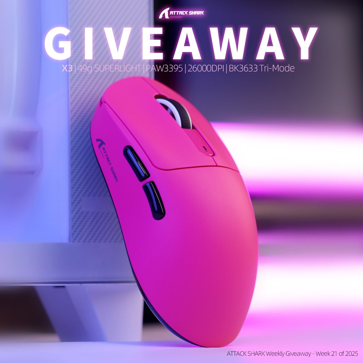 ATTACK SHARK Weekly Giveaway - Week 21 of 2025🎉

👉To enter:
Just enter the following link and follow the prompts to participate.
gleam.io/tv6vO/attack-s…

🎁Prize:
1 Winnner, ATTACK SHARK X3 MOUSE (Berry Red)

📝Terms:
-The winner will be announced on May. 28.
-Giveaway open to