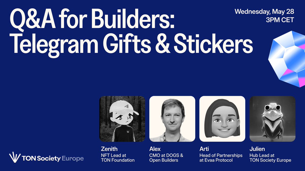 Builders, Developers, Creators – This is Your Chance ✍️

Telegram Gifts &amp; Stickers NFTs are more than just fun.
They are your gateway to build viral, monetizable mini-apps on TON. 

📅 Wednesday, 28 May
🕑 3 PM CET
📍 Livestream on Twitter
🔗 Register and submit your questions in
