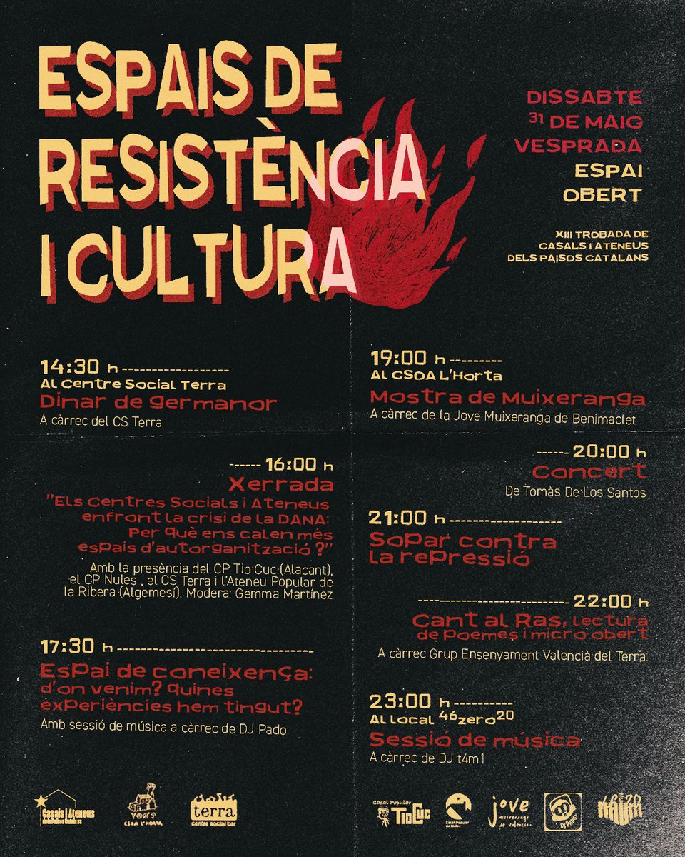 QUEDA UNA SETMANA PER LA XIII TROBADA DE CASALS I ATENEUS DELS PAÏSOS CATALANS ‼️

📋I aquí teniu la programació del dissabte a la vesprada🎶

Som milers d'espurnes de lluita, creem centenars de fogueres de llibertat! 🔥
#XIIITrobadaPPCC