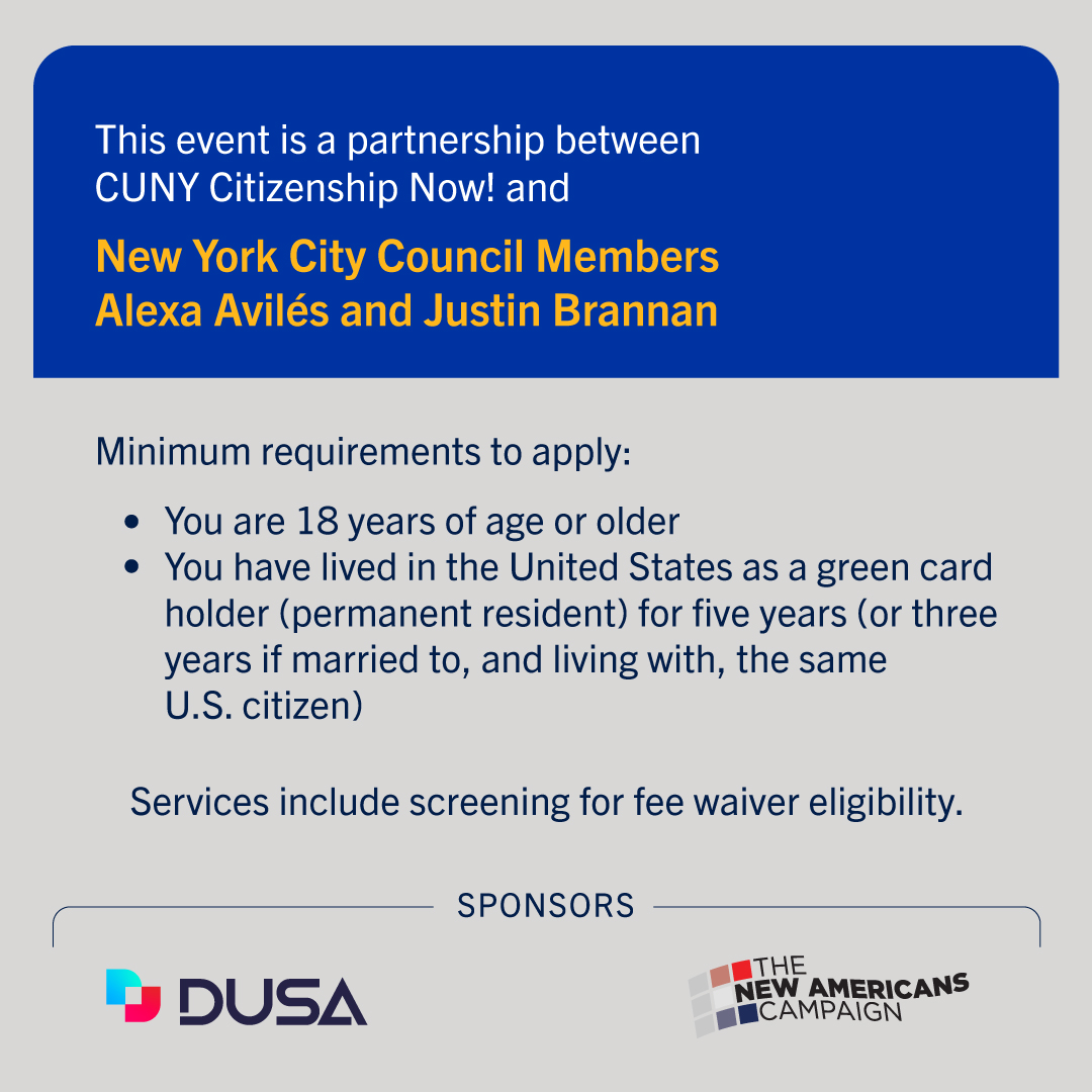 CUNYCitizenship's tweet image. Our event series "Become a Citizen: Opportunities Await" is here to help you! 🗽🎉 Get on the path to citizenship now! Our next event is Sat. 6/7, in #Brooklyn. Sponsored by New York City Council Members @CMAlexaAviles and Justin Brannan. To learn more, call 646-664-9400.