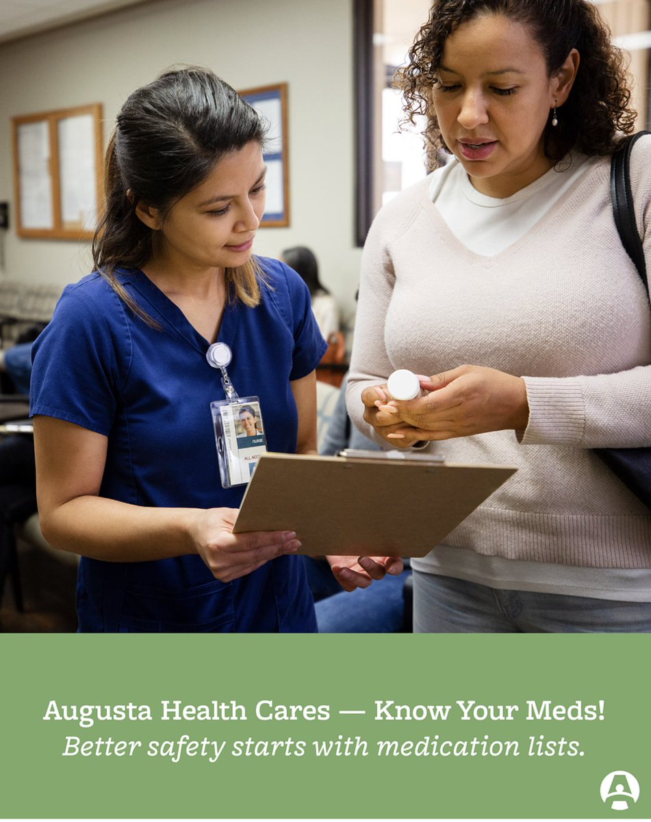 Augusta Health is committed to your safety. You can help by keeping a list of your current medications. Learn more about Medication Safety: augustahealth.com/medicine-safety. 

Remember to include drug allergies, vitamins and minerals, herbal and natural products, and ALL medication!
