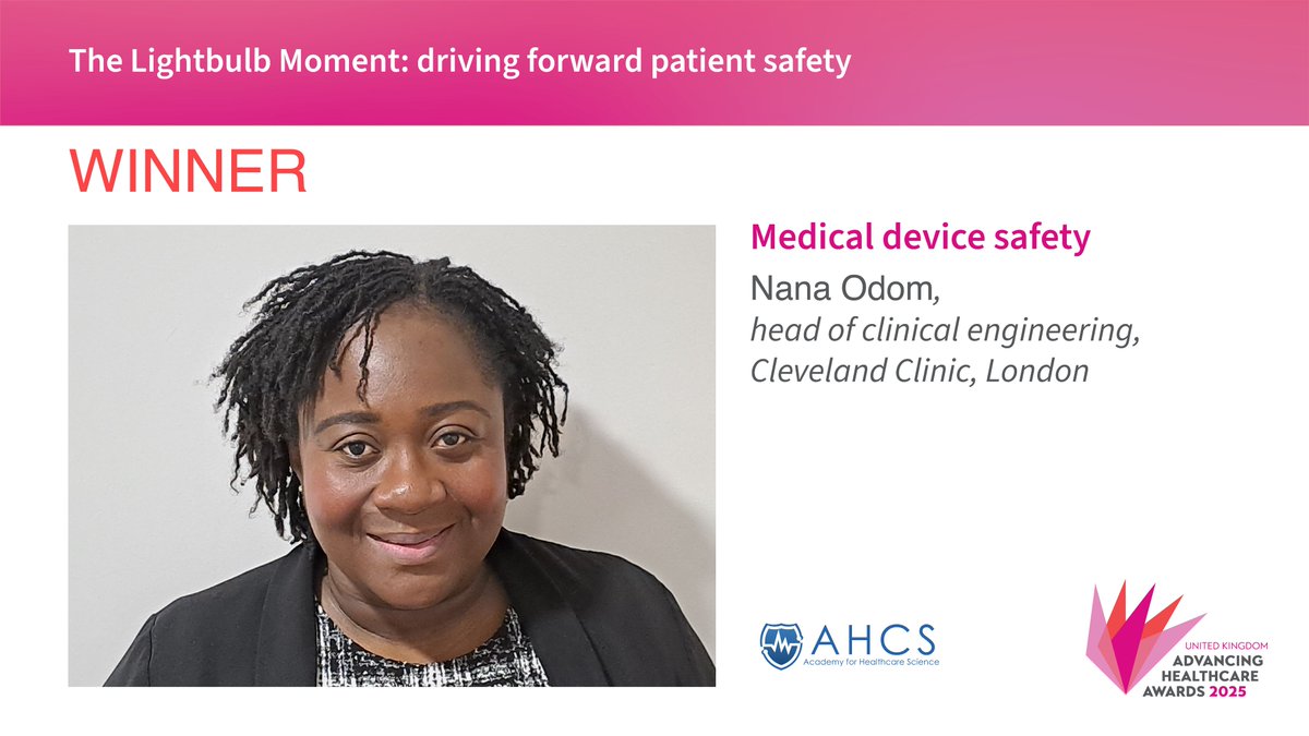 AHAwards💙 (@ahawards) on Twitter photo The winner of the <a href="/ahcsuk/">Academy for Healthcare Science</a> Lightbulb Moment Award for Driving Forward Patient Safety is Nana Odom, head of clinical engineering <a href="/clecliniclondon/">Cleveland Clinic London</a> - congratulations!
#AHAwards The winner of the <a href="/ahcsuk/">Academy for Healthcare Science</a> Lightbulb Moment Award for Driving Forward Patient Safety is Nana Odom, head of clinical engineering <a href="/clecliniclondon/">Cleveland Clinic London</a> - congratulations!
#AHAwards