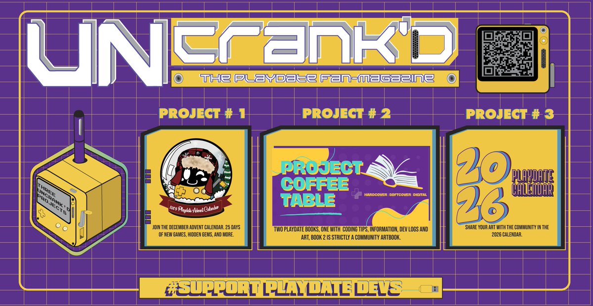 UncrankdPD's tweet image. Happy Friday!
Reserve your 2026 #Playdate calendar, 2025 physical Advent calendar or Project Coffee Table books. Pre-orders & pricing will be announced at a later date.
Devs & Artists: Use the same form to join any one of the projects.
Form: forms.gle/vJkM4rMQmvDExJ…